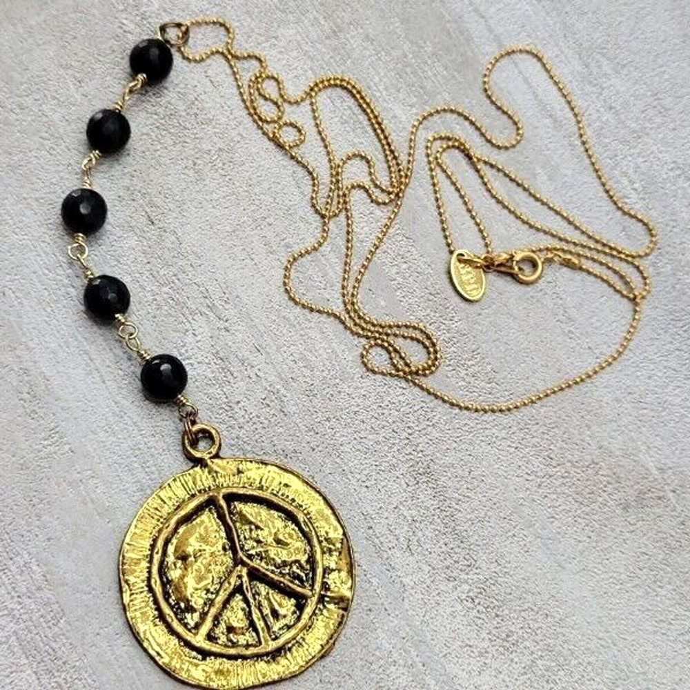 Betsy Pittard Designs Goldtone Rustic Textured Peace Symbol 35"  Y-drop Necklace